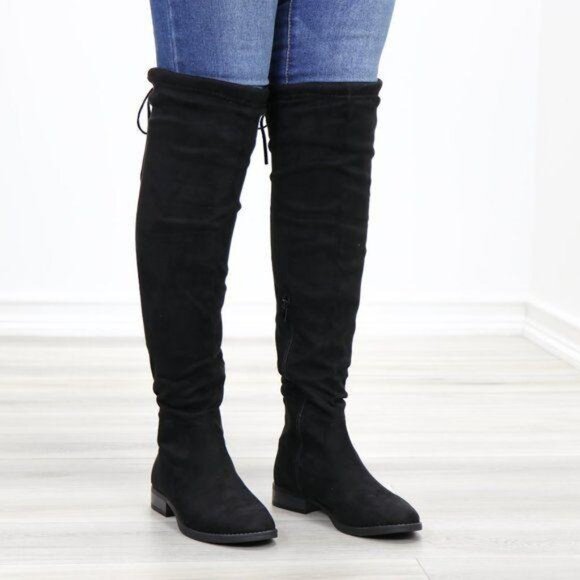 Black Suede Over the Knee Boots Low Heel Tie Back Detail - Picture 3 of 13
